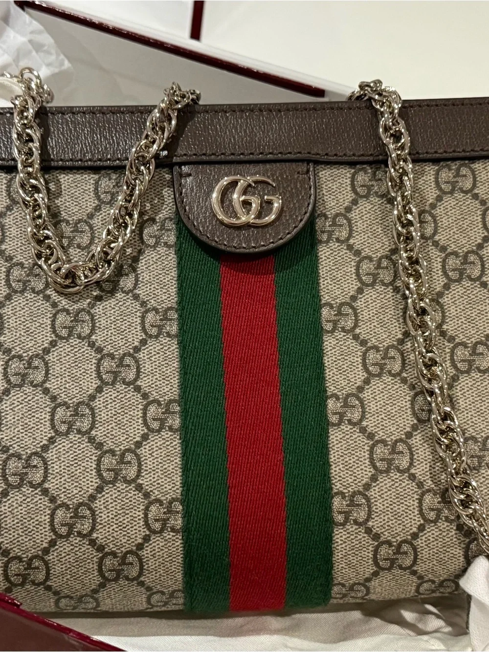 Gucci Beige GG Supreme Shoulder Bag with Green and Red Web